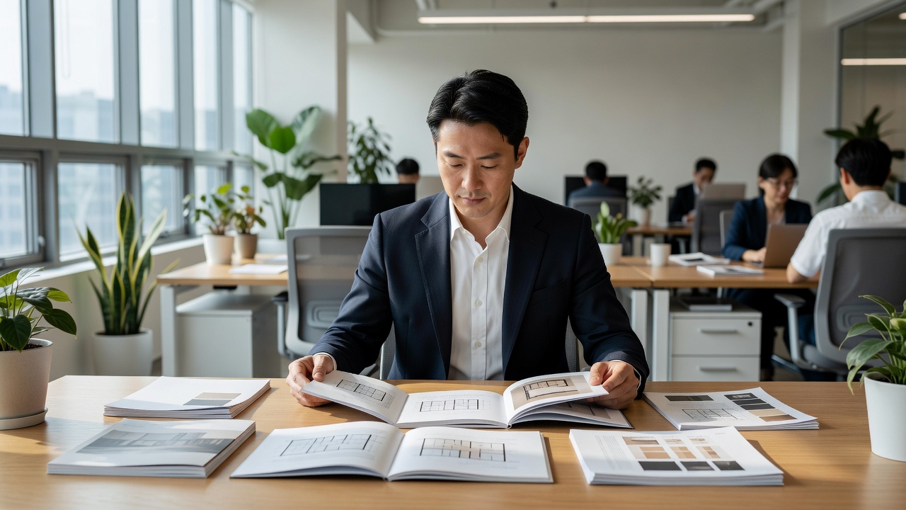 상업 인테리어 업체 선정 시 포트폴리오 검토 장면